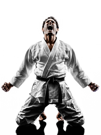 judo: un homme de combat judoka en silhouette sur fond blanc judo: un homme de combat judoka en silhouette sur fond blanc