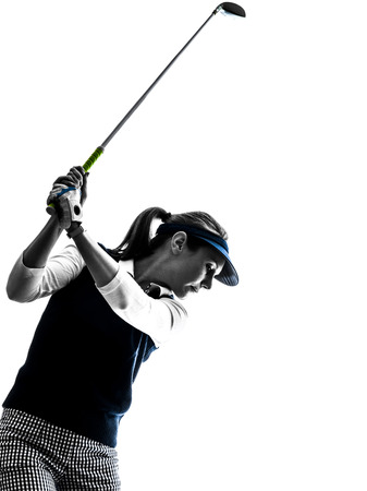 woman golfer golfing silhouette in white background
