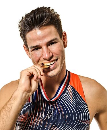 Young man athletics athetle gold medalist isolated white background