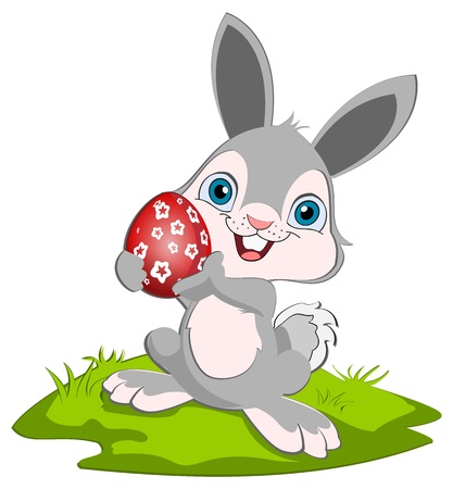 Easter Bunny holding o rad easter egg and smiling.