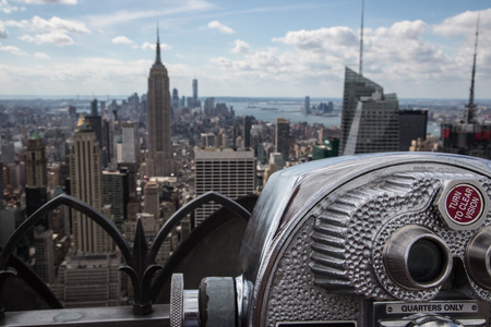 View of midtown manhattan new york city with coin operated telescope at the top of the rock Stock Photo