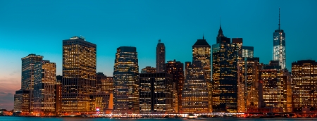 Manhattan at night with lights and reflections new york city skyline Stock Photo
