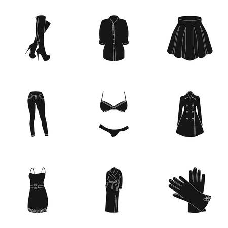女性の衣類の種類の写真画像 アウターや女性と女の子のための下着 黒スタイル ベクトル シンボル ストック Web イラスト セットのコレクションの女性服アイコン のイラスト素材 ベクタ Image
