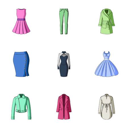 婦人服のアイコンのコレクションです 仕事 ウォーキング スポーツの様々 なレディース服 女性の服の漫画スタイルのベクトルのセットのコレクションのアイコンのシンボル ストック イラスト のイラスト素材 ベクタ Image