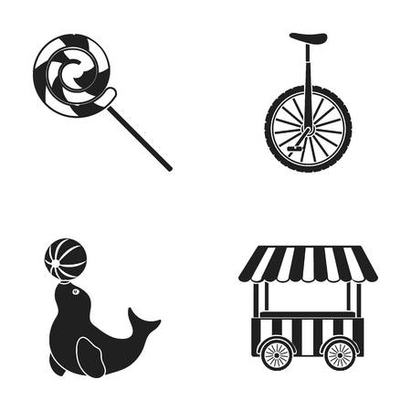 ロリポップ 訓練を受けたシール スナック ホイール 一輪車 サーカスは 漫画スタイルのベクトル シンボル ストック イラスト でコレクションのアイコンを設定します のイラスト素材 ベクタ Image 78140885