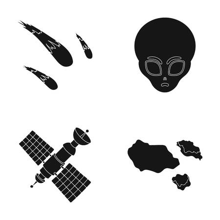 小惑星 車 隕石 宇宙船 太陽電池で駅 外国人の顔 スペースは モノクロ スタイル ベクトル シンボル ストック イラスト Web コレクションのアイコンを設定します のイラスト素材 ベクタ Image