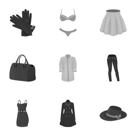 婦人服の種類の写真画像 アウターや女性と女の子のための下着 モノクロ スタイル ベクトル シンボル ストック イラストをセットのコレクションの女性服アイコン の写真素材 画像素材 Image