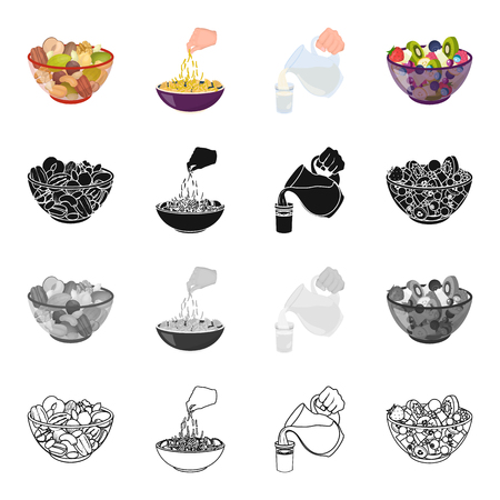 様々 な種類の木の実 丼食品フルーツ サラダ パスタ 水差し ミルクのガラス フルーツとデザートは 漫画白黒黒のアウトライン スタイル ベクトル シンボル ストック イラストでアイソ メトリック コレクションのアイコンを設定します のイラスト素材 ベクタ
