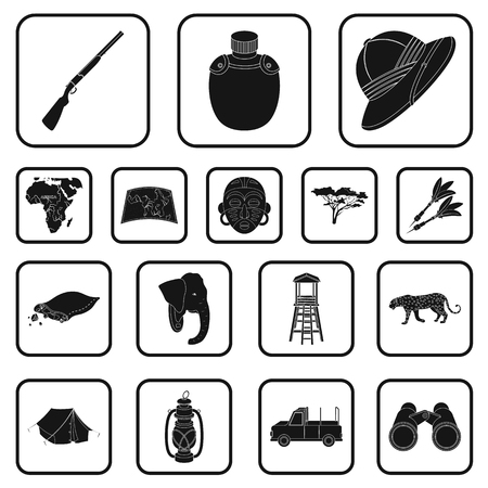 アフリカのサファリの黒のアイコンは デザインのためのセットコレクションで Safari ベクター シンボルのストック Web イラストレーションのトロフィーと機器 のイラスト素材 ベクタ Image