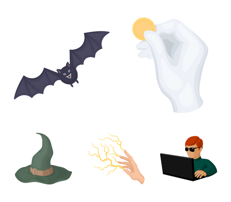 コイン コウモリ 魔法使いの帽子 稲妻の速い呪文で焦点を合わせます 黒と白のマジックセットコレクションアイコンを黒スタイルベクトルシンボルストック イラストで のイラスト素材 ベクタ Image