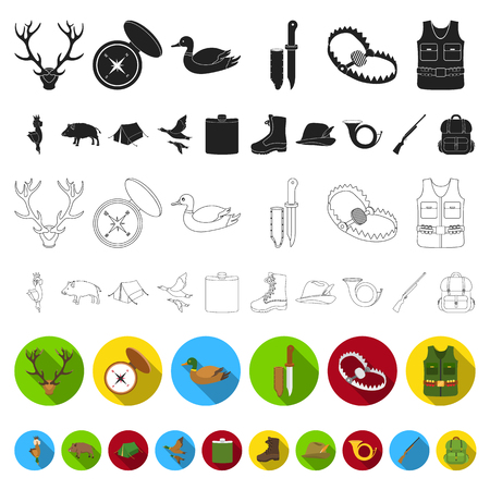 Hunting and trophy flat icons in set collection for design. Hunting and equipment vector symbol stock web illustration. - 109796285