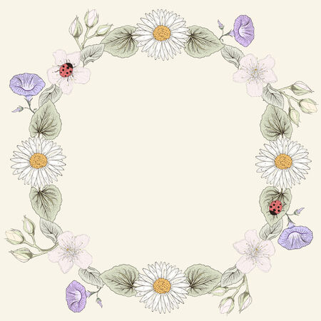 手描きの花のフレームとトンボ カラフルなイラストです ビンテージ彫刻スタイル のイラスト素材 ベクタ Image