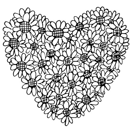 Freehand Illustration Of Retro Flower Design Heart Shape On White Background Doodle Hand Drawn Stock