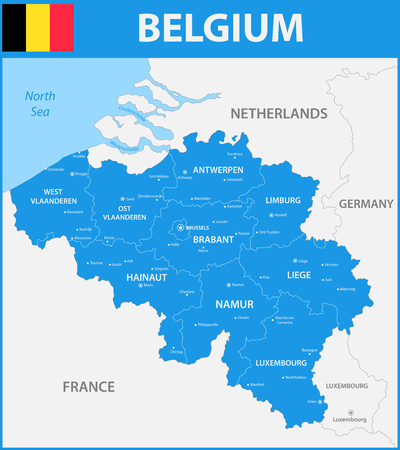 the detailed map of the belgium with regions or states and cities capitals vector