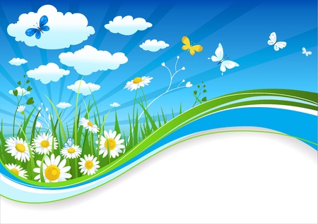 Chamomiles and clouds summer banner with space for text