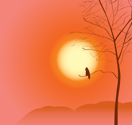 Sunset landscape vector: vector cảnh quan với cây và một con quạ trên bầu trời hoàng hôn nền