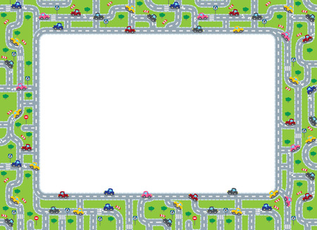 面白いフレームまたは道路 芝生エリアや車の境界線 子供イラストや背景 のイラスト素材 ベクタ Image