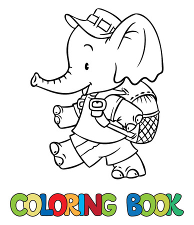 Coloring book of funny little funny baby elephant with backpack children vector illustration