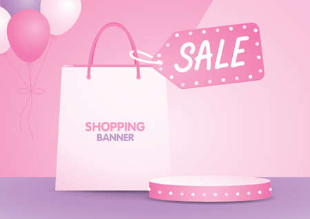 Shopping bag with sale tag and display podium 3d illustration vector on sweet pastel background with cute balloons Фото со стока