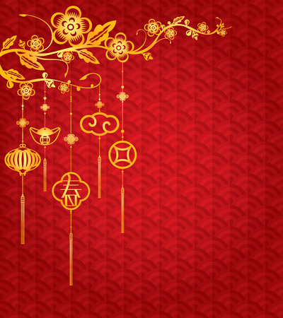 Chinese New Year Background with golden element decoration The Chinese letter means Spring or Brand new season