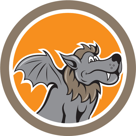 Kludde 円内の漫画のスタイルで行わ設定側から見たコウモリの羽と野生の犬のボディを持つ神話上の怪物のイラスト のイラスト素材 ベクタ Image Kludde 円内の漫画のスタイルで行わ設定側から見たコウモリの羽と野生の犬のボディを持つ神話上の怪物のイラスト のイラスト素材 ベクタ Image