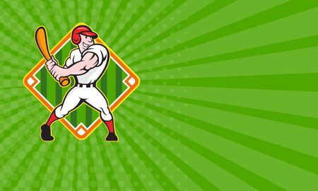 名刺ダイヤモンド野球場で孤立した白い背景上正面にバッティングのバットで野球選手の漫画の実例を示す の写真素材 画像素材 Image