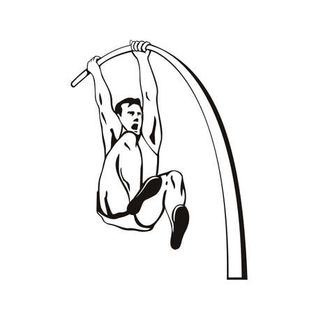 Stencil illustration of a pole vaulter with flexible pole jumping over bar in pole vaulting, a track and field event on isolated background done in black and white retro style. Stock Photo