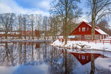 Winter Scenery With Red Wooden House In Sweden Stock Photo Picture