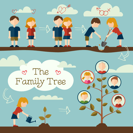 Young couple planting the family tree flat design concept Stock Photo