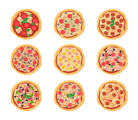 Set of cartoon pizzas with different stuffing. flat vector illustration. top view collection of various chicken, pepperoni pizzas isolated in white background. food, menu, pizza, cuisine concept