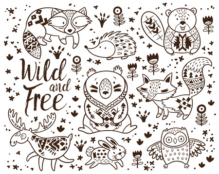woodland animal coloring pages for kids hand drawn vector on