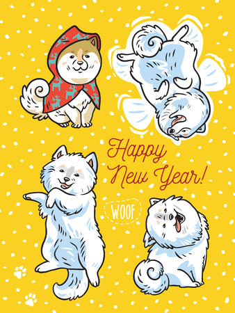 明けましておめでとう ホリデーはがき4つの面白い子犬が雪の中で遊びます ベクトルイラスト のイラスト素材 ベクタ Image