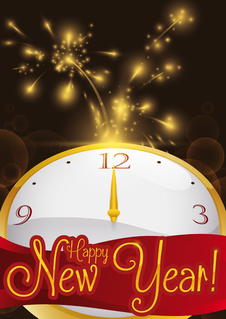 poster with firework display and golden clock in a midnight of