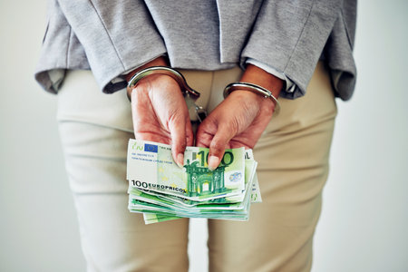 Fraude d'entreprise, vol ou blanchiment d'argent d'une femme d'affaires avec des menottes et de l'argent. vue arrière de la justice légale d'un employé de col blanc pris au tribunal, en prison ou en prison Banque d'images