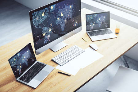 Modern computer monitor with social network icons concept with world map marketing and promotion concept 3d rendering
