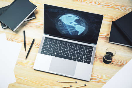 Modern computer monitor with america map research and strategy concept 3d rendering