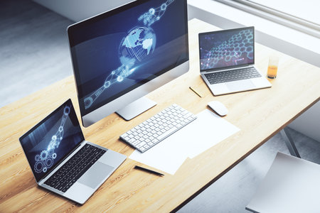 Creative abstract robotics technology sketch with globe on modern laptop monitor future technology and ai concept 3d rendering Stock Photo