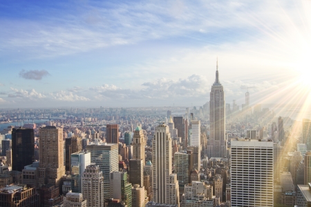 Urban skyline at sunset new york city