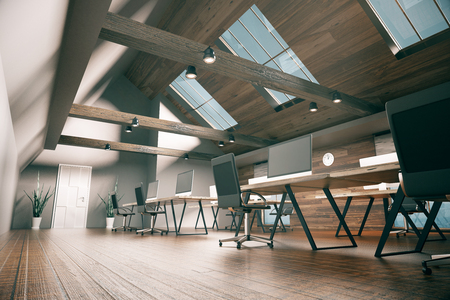 Side view of coworking office design with blank computer monitors, wooden floor, walls, ceiling and city view. Country style interior. Mock up, 3D Rendering
