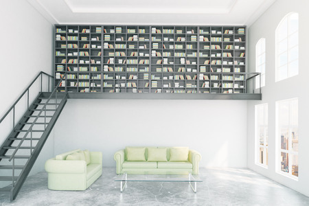 moderne treppe bucherregal, moderne bibliothek interieur mit bücherregal, treppen, hellgrün, Design ideen