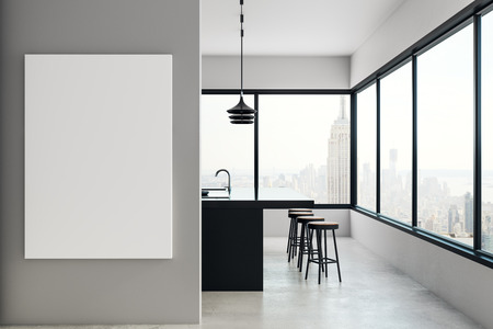 Interior De Cocina Moderna Con Cartelera Vacia Y Vista Panoramica