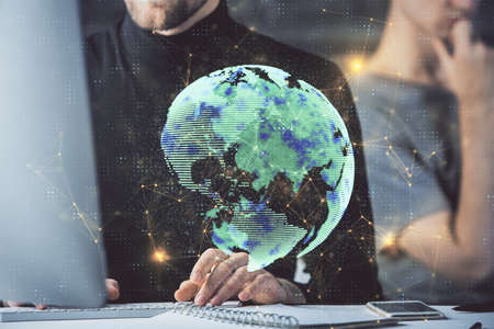 Media network theme hologram with man working on computer on background concept of internet communication double exposure Stock Photo