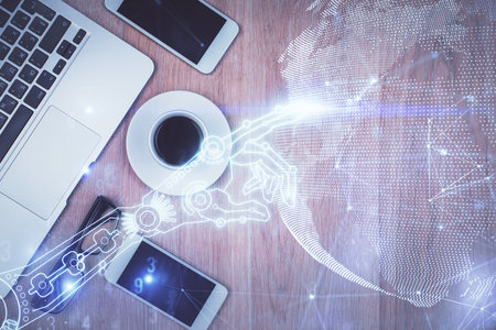 Multi exposure of technology theme drawing over table with phone top view concept of hightech Stock Photo
