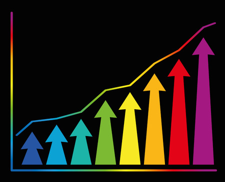 緩やかな上昇傾向グラフ 増加し 一時降順または 開発の相を減少するいると成長の象徴的な図はリズミカルに昇順虹色の矢印波で描かれています のイラスト素材 ベクタ Image