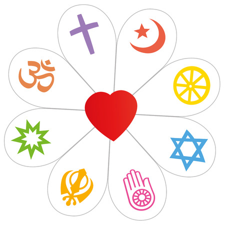 Religious symbols did form a flower with a heart as a symbol for religious unity or commonness islam buddhism judaism jainism sikhism bahai hinduism christianity isolated vector over white