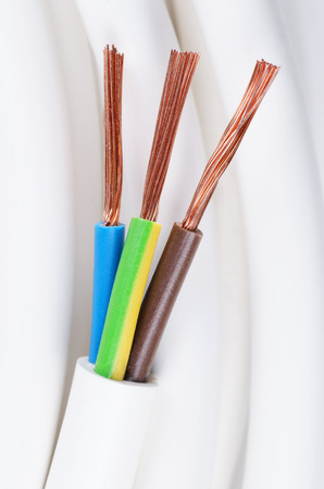 3 つの絶縁導体と電気ケーブル。電源ケーブルの断面。電線絶縁と柔軟な 