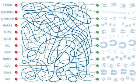 Labyrinth with tracks of animals. Find the right way through the maze to the right footprints of the rabbit, squirrel, sparrow, horse, duck, deer, pig, cow, mouse, dog, goat and cat. Vector Illustration