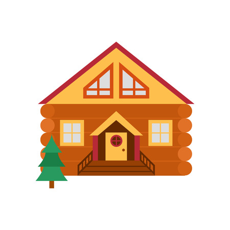 Vector cartoon illustration with isolated country or travel vacation wooden house. Rent, sale building with tree. Front exterior view farm house icon. Cute flat vacation home - 96392905