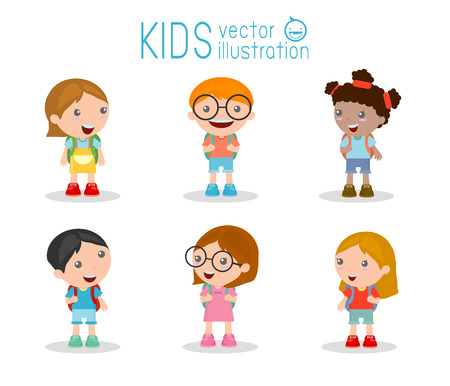 Vector children: Trẻ em đi học, trở lại trường học, trẻ em phim hoạt hình dễ thương, trẻ em hạnh phúc, Vector Illustration.