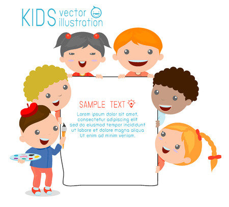 Vector children: trẻ em ló đằng sau tấm bảng, trẻ em hạnh phúc, những đứa trẻ dễ thương trên nền trắng, Vector Illustration